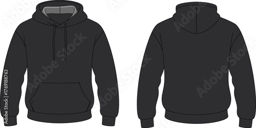Black hoodie sweatshirt front and back view, fashion flat sketch, vector apparel design template, unisex casual pullover CAD drawing illustration