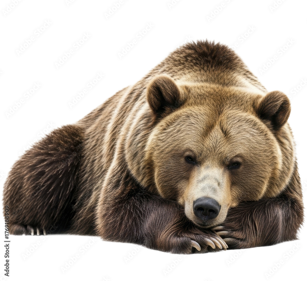 Fototapeta premium Brown bear resting with head on paws, a majestic wildlife PNG image on a transparent background