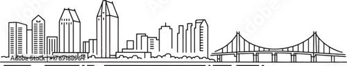 San Diego California Skyline Line Art Silhouette Cityscape Pacific Landmark Travel Coast United States