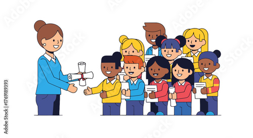 Graduation Ceremony Featuring Diverse Students Receiving Diplomas From Their Teacher