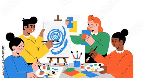Group Of Diverse Friends Collaborating In An Art Studio Painting Together