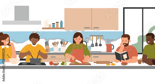 Group Of Diverse Friends Preparing And Enjoying A Delicious Meal Together In The Kitchen