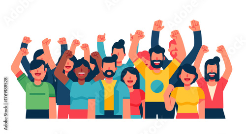 Group Of Diverse People Cheering With Raised Fists And Smiling In Solidarity