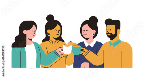 Group Of Diverse Friends Toasting Each Other With Coffee Mugs On Black Background