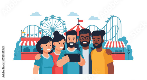 Group Of Friends Capturing A Fun Moment With Amusement Park Rides In The Background