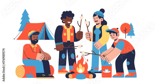 Group Of Friends Enjoying Camping And Roasting Marshmallows Around A Campfire Together