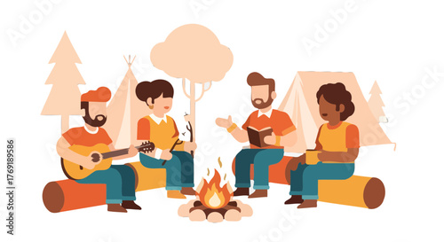 Group Of Friends Enjoying Camping Around A Campfire Under The Stars At Night