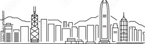 Minimalist Hong Kong Skyline Vector Line Art Illustration Landmark Modern Cityscape Outline Design