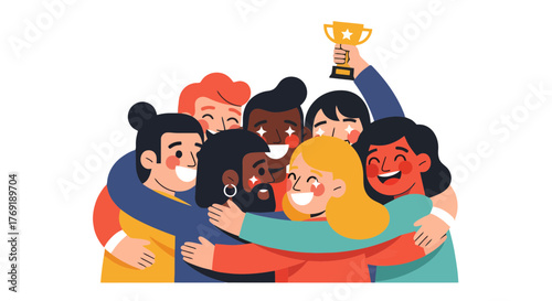 Group Of People Hugging With Trophy For Achieving Success On A Solid Black Background