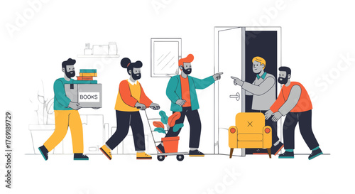 Group Of People Moving Home With Books, Furniture and Decorations, Moving Day Scene