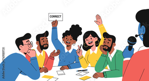 Group Of People Playing A Game, Someone Holding A Correct Sign In The Air