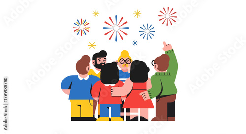 Group Of People Watching Fireworks On A Night Sky Celebrating Special Events