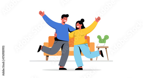 Happy Couple Celebrating A Victory, Joyful Moment, Arms Raised, Winning Partnership