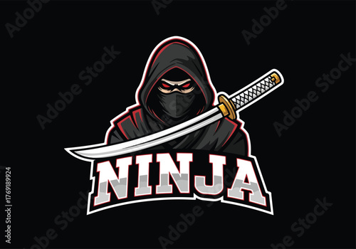 Gaming mascot ninja logo with sword and red accents - Gaming logo - Gaming Mascot - esport mascot stock illustration