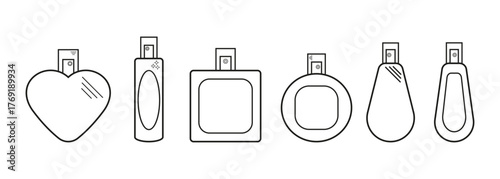 Set of perfume line icons. Bottle, flacon, spray illustration. Beauty care concept. Vector illustration of perfume bottle.