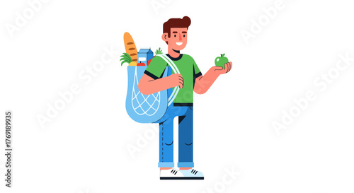 Happy Man Carrying Groceries In A Reusable Bag And Holding A Green Apple For Healthy Eating