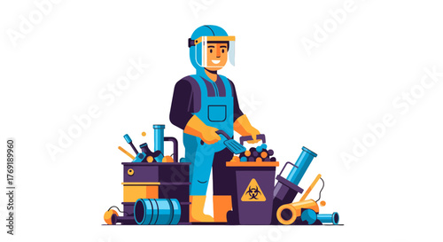 Hazmat Technician in Protective Gear Managing Toxic Waste with Equipment
