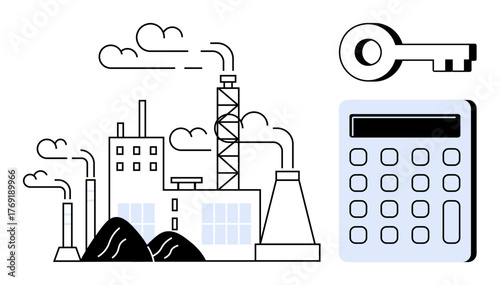 Factory buildings with chimneys emitting smoke beside a key and calculator exploring finance, industry, sustainability, business, security, decision-making, efficiency. Modern simple flat metaphor