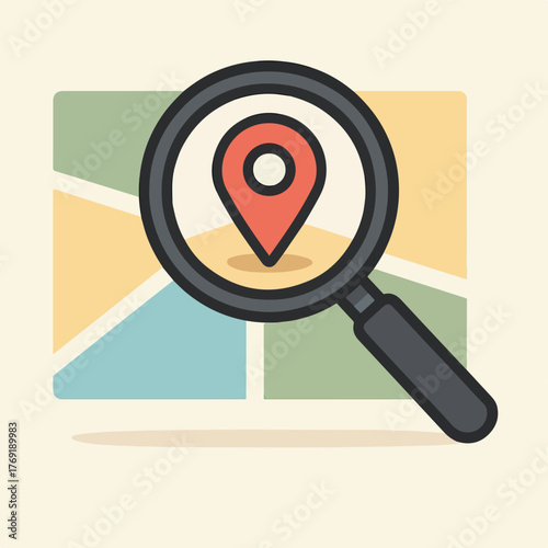 Map location icon with magnifying glass for navigation