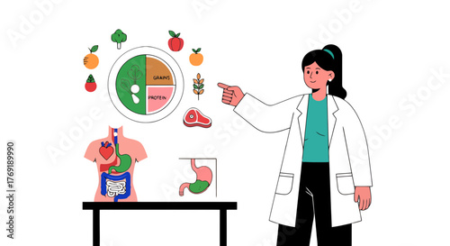 Healthy Dietitian Explaining Nutritional Facts With Food Groups Circle Chart, Minimalistic Design