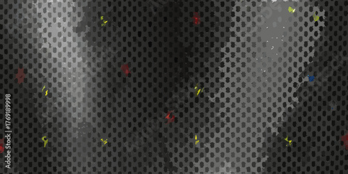 Abstract textured background with a dark metallic grid pattern and scattered colorful dots