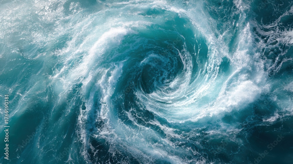 Fototapeta premium Powerful ocean whirlpool swirling water with turquoise foam and waves top view ideal for energy concept nature design and environmental visuals