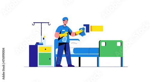 Hospital Hygiene Employee Cleaning A Room With Sanitizing Solutions For Health Safety