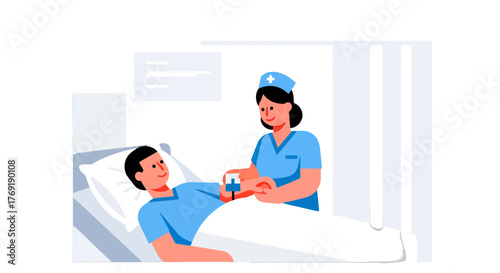 Hospital Care Illustration: Nurse Checking Patient's Pulse in the Ward Environment