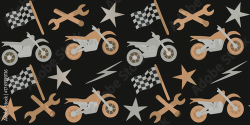 Seamless pattern of dirt bikes checkered flags wrenches and stars on a black background