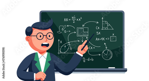 Illustrated Educator Explaining Complex Mathematical Concepts On A Chalkboard