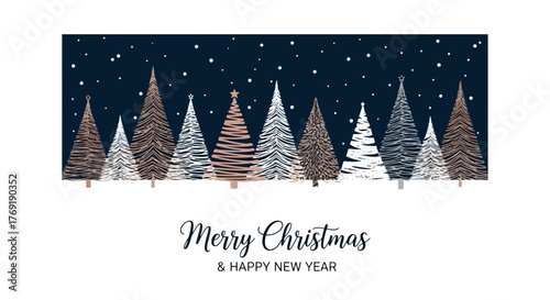 Elegant Christmas Tree Line with Snowfall and Greetings Illustration