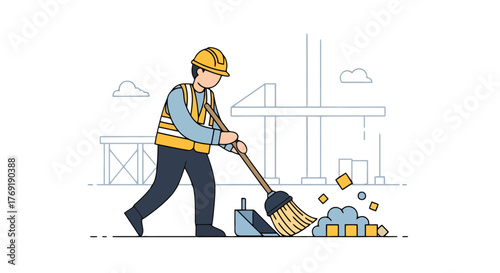 Illustration Of A Construction Worker Sweeping Up Debris On A Building Site