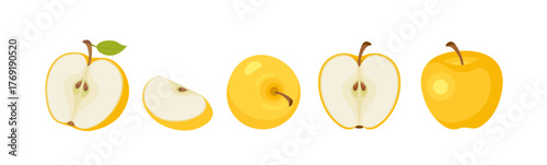 Apple set. Yellow apple fruits whole, half and slice. Vector cartoon flat illustration. Fresh fruits icon. 