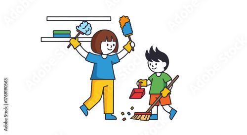 Illustration Of A Parent And Child Doing Housework Together, Cleaning The Home Space