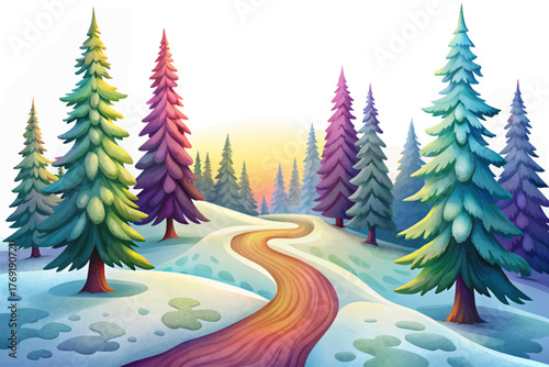 Narrow snowy trail winding through tall pine trees symbolizing peaceful winter exploration
