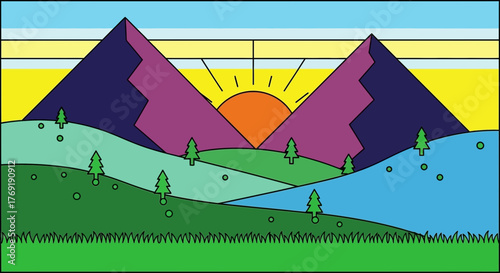 A vibrant vector illustration of a serene sunrise concept, featuring purple mountains, rolling green hills, and a bright sun in a flat, geometric style