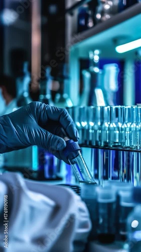 Wallpaper Mural A scientist holds a test tube, wearing lab coat and gloves, suggesting scientific research or experimentation Torontodigital.ca