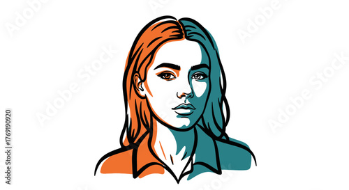 Illustration of a Woman with Orange and Teal Hues, Portrait of a Stylish Female Figure