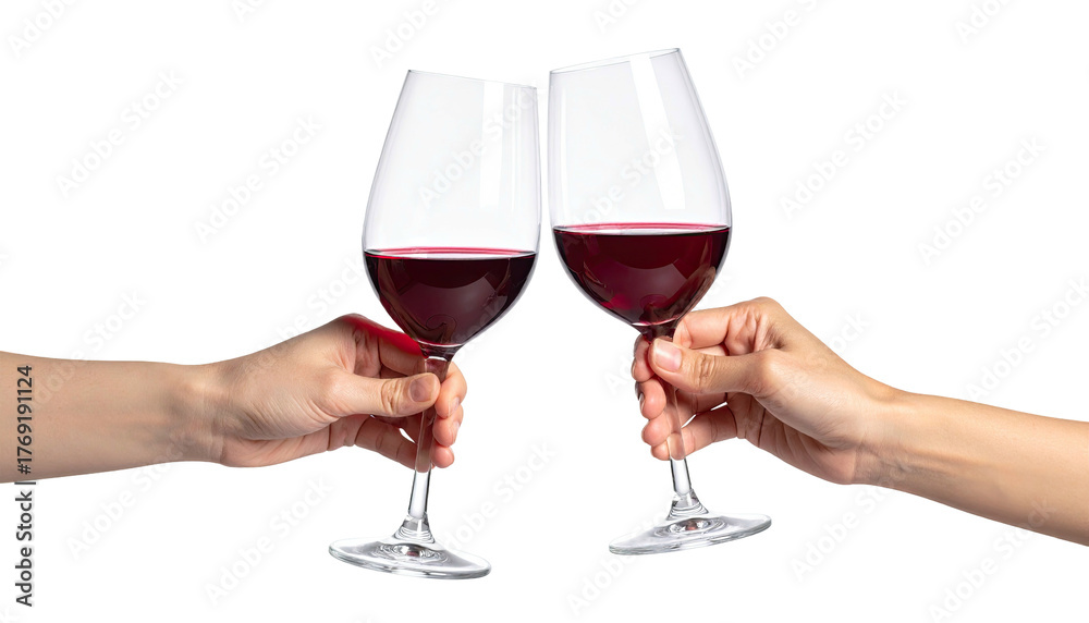 Fototapeta premium Two wine glasses being toasted, filled with red liquid