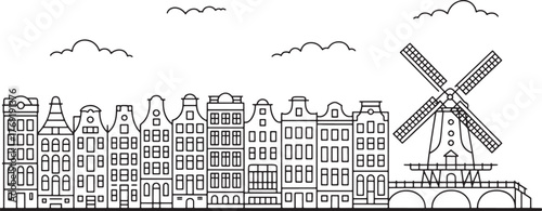 Amsterdam Skyline Silhouette Vector Illustration With Windmill and Traditional Canal Houses