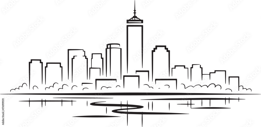 Obraz premium Boston Skyline Illustration Minimalist Black Line Art Reflection Design on Transparent Backdrop