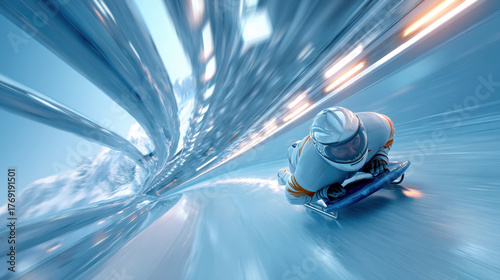 Bobsledder racing down a twisting ice track