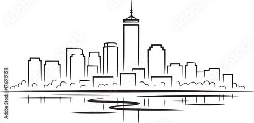Boston Skyline Illustration Minimalist Black Line Art Reflection Design on Transparent Backdrop