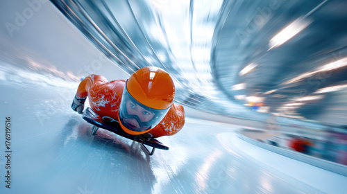 Bobsledder racing down a twisting ice track