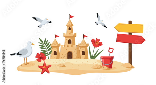 Idyllic beach scene featuring a grand sandcastle, various flowers, playful seagulls, a red bucket, and a directional signpost.