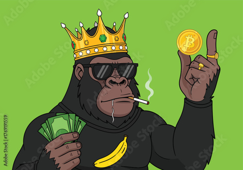 King gorilla gaming mascot with crown and bitcoin - Gaming logo - Gaming Mascot - esport mascot stock illustration