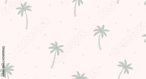 Whimsical tropical seamless pattern with pastel blue palm trees and delicate stars on a pale pink backdrop.