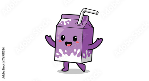 A cheerful and adorable cartoon purple milk carton with a straw, smiling happily, symbolizing fun, sweetness, and deliciousness.