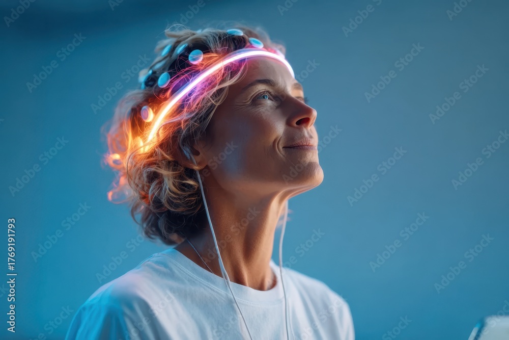 Naklejka premium Woman with glowing headband listening to music