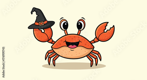 A cheerful orange cartoon crab happily holds a black witch hat on its claw, ready for Halloween festivities.
